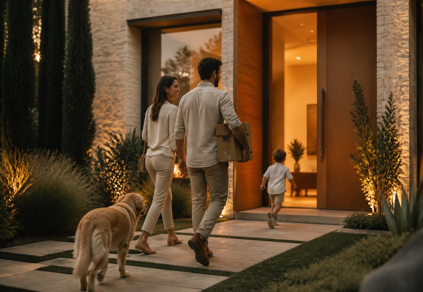Família chegando à nova casa contemporânea ao entardecer, com a porta aberta e luz âmbar acolhedora